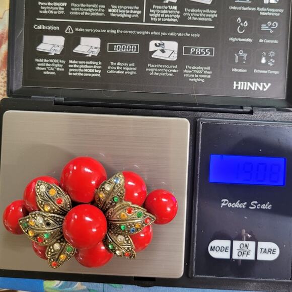 Glam Retro 1940s Cherry Rhinestone Plastic Brooch Statement Accessory - Picture 6 of 7